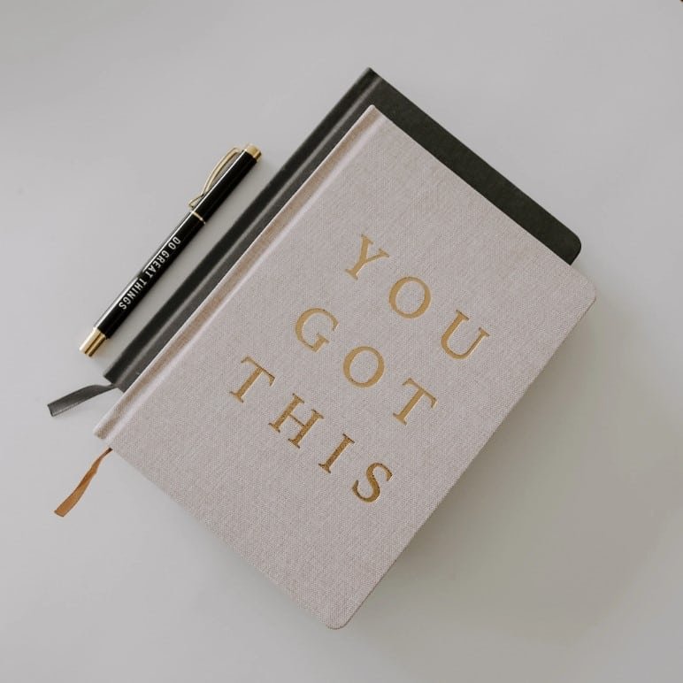 You Got This Gift Box - Motivational Essentials Set 7 Motivational journal with "YOU GOT THIS" in gold letters, paired with a black notebook and a pen