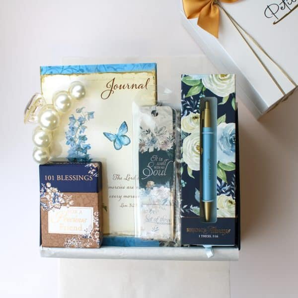 Petit Pressie Christian gift box with floral journal, scripture pen, '101 Blessings for a Precious Friend' card deck, bookmark set, and pearl hair clip