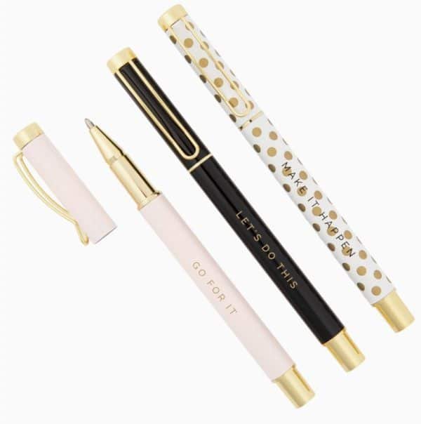 Set of three elegant motivational pens in gold, black, and white with phrases "GO FOR IT", "LET'S DO THIS", and "MAKE IT HAPPEN"