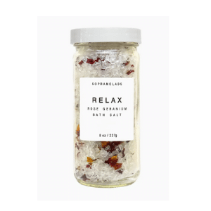 Sopranolabs Relax Rose Geranium bath salt in clear glass jar with dried botanicals and minimalist white label
