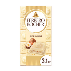 Ferrero Rocher White Hazelnut chocolate bar with whole hazelnuts and creamy white chocolate, 3.1 oz packaging