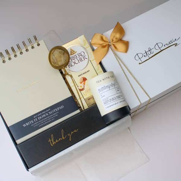 Front view of Petit Pressie luxury thank you gift box with full premium contents