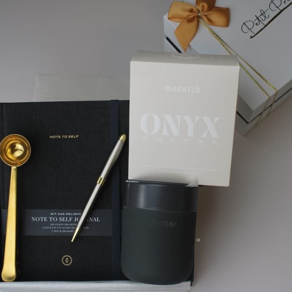 “Start with Intention” Gift Box – Coffee, Clarity & Purpose 6 Christian gift box with Onyx coffee, faith journal, gold scoop, and ceramic mug by Petit Pressie