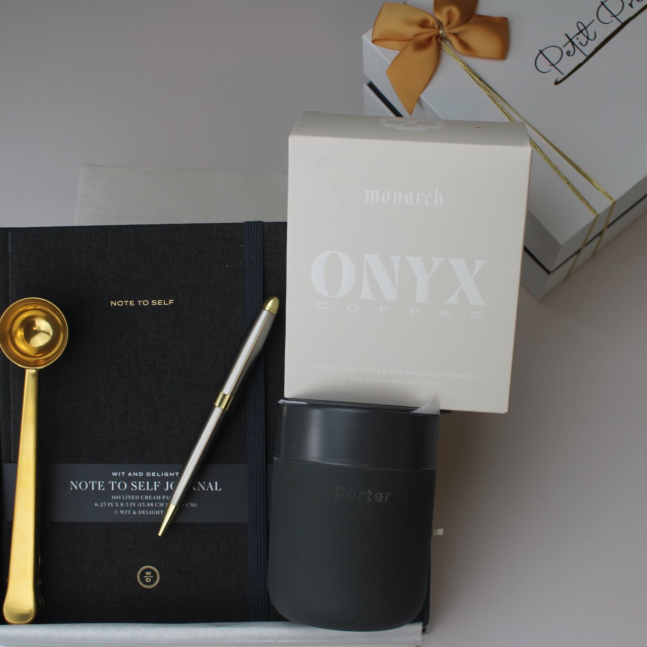 “Start with Intention” Gift Box – Coffee, Clarity & Purpose 2 Christian gift box with Onyx coffee, faith journal, gold scoop, and ceramic mug by Petit Pressie