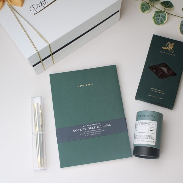 Petit Pressie gift box with chocolate, tea, green “Note to Self” journal, and gold pen – encouragement or client appreciation gift for women