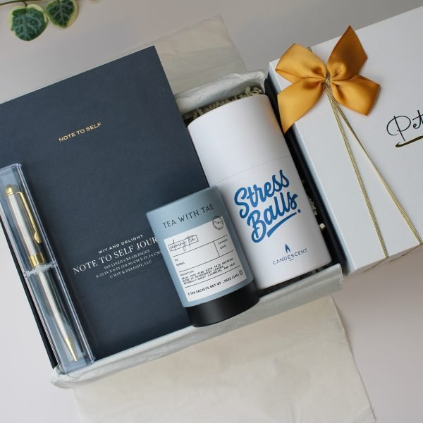 Curated Petit Pressie gift box with calming tea, stress candle, pen, and luxury journal – business or Christian encouragement gift